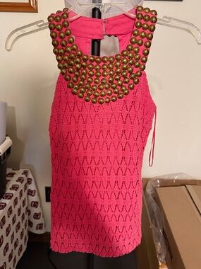 Trina Turk Pink Crochet Halter Tank with Brass-Stud Collar